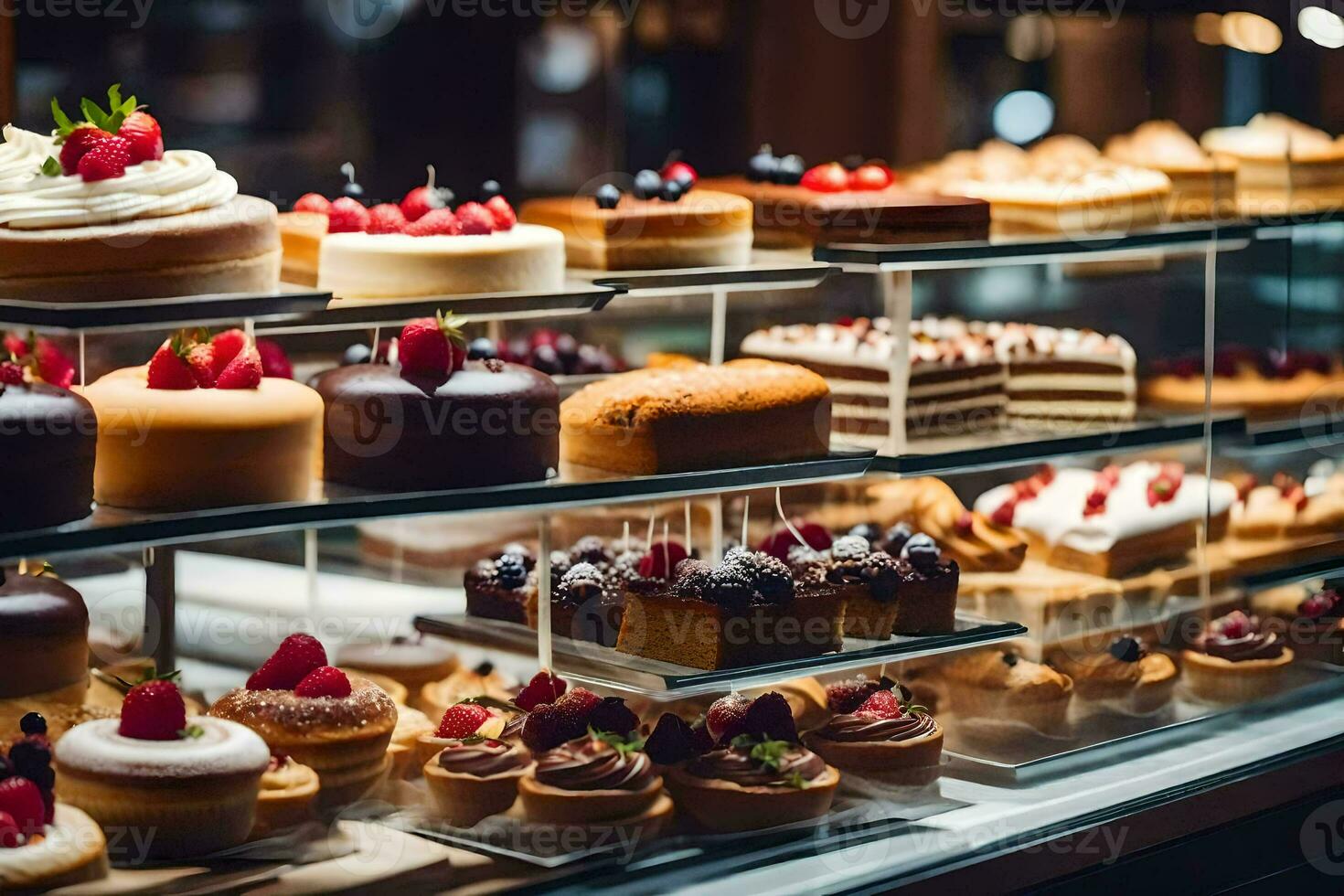 veel verschillend types van cakes zijn Aan Scherm in een glas geval. ai-gegenereerd foto