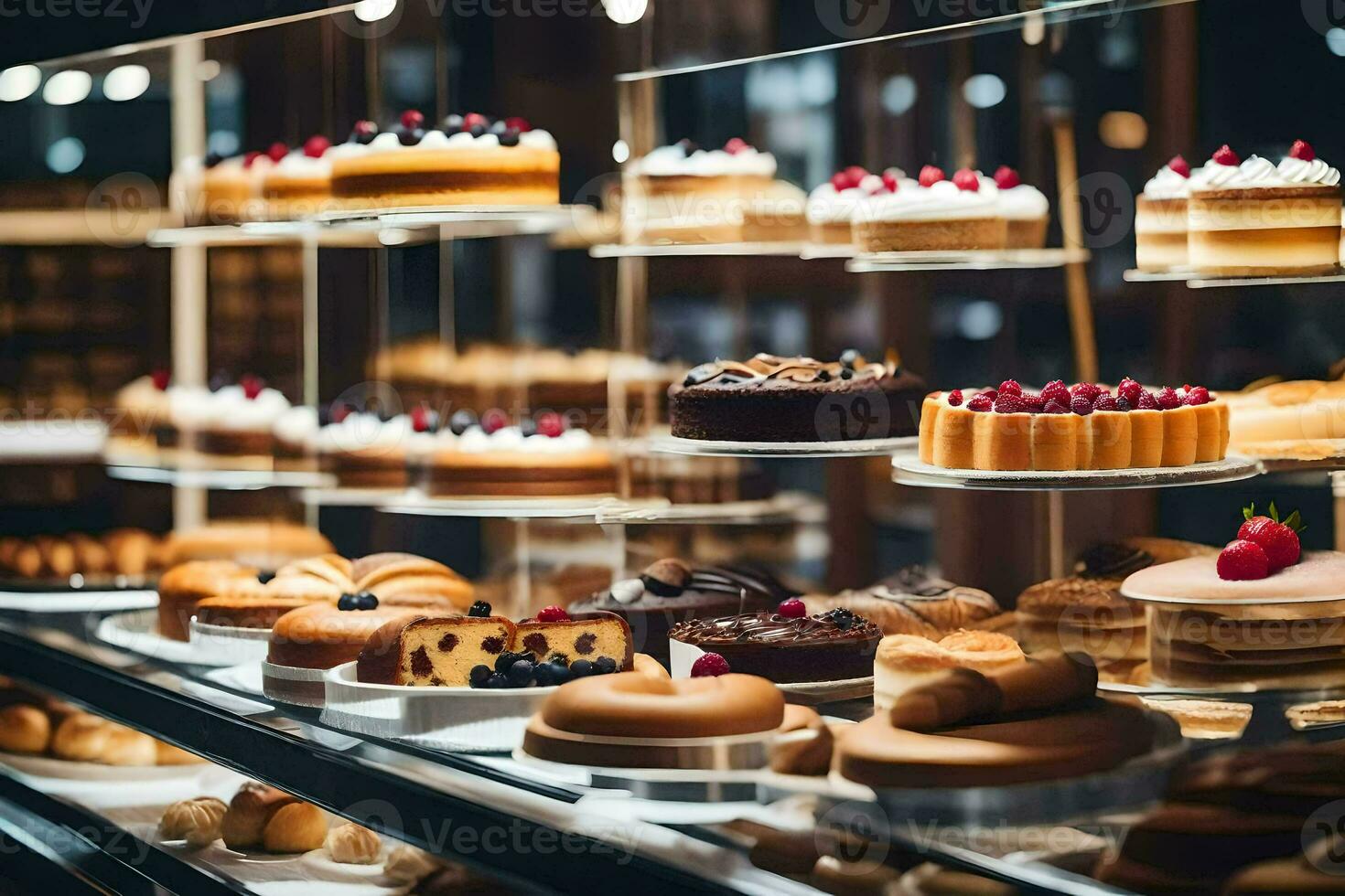 veel verschillend types van cakes zijn Aan Scherm in een bakkerij. ai-gegenereerd foto