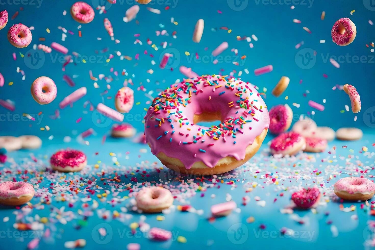 donut met hagelslag en roze suikerglazuur Aan een blauw achtergrond. ai-gegenereerd foto