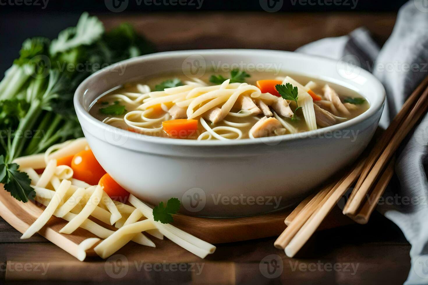 kip noodle soep in een kom met eetstokjes. ai-gegenereerd foto