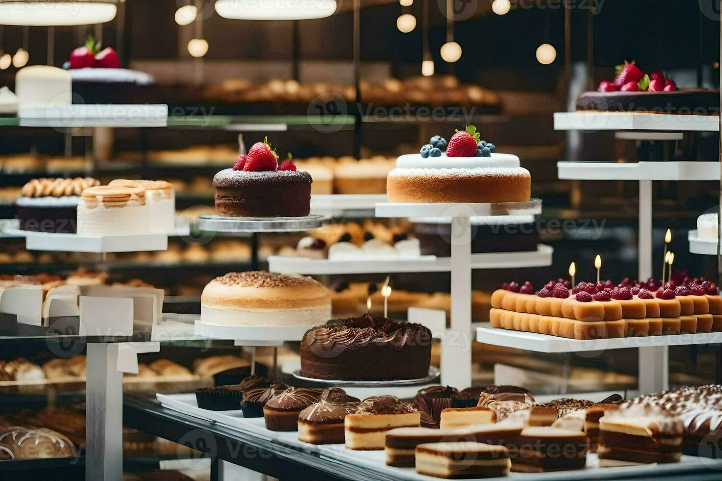 veel verschillend types van cakes zijn Aan Scherm in een bakkerij. ai-gegenereerd foto