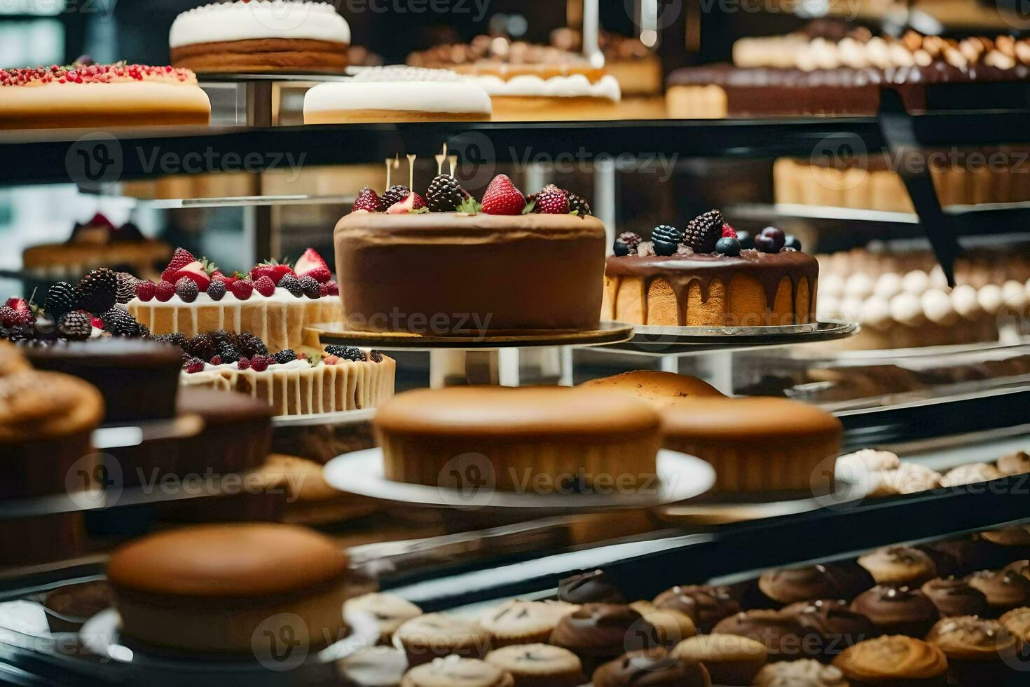 veel verschillend types van cakes zijn Aan Scherm in een bakkerij. ai-gegenereerd foto