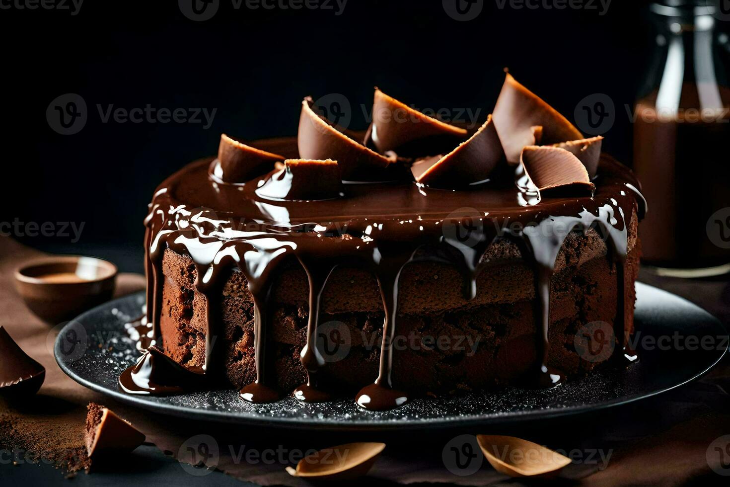 chocola taart met chocola motregen Aan een zwart achtergrond. ai-gegenereerd foto