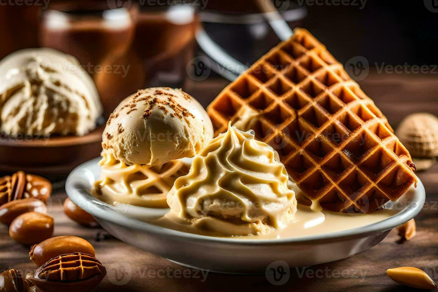 een wafel ijshoorntje met ijs room en noten. ai-gegenereerd foto