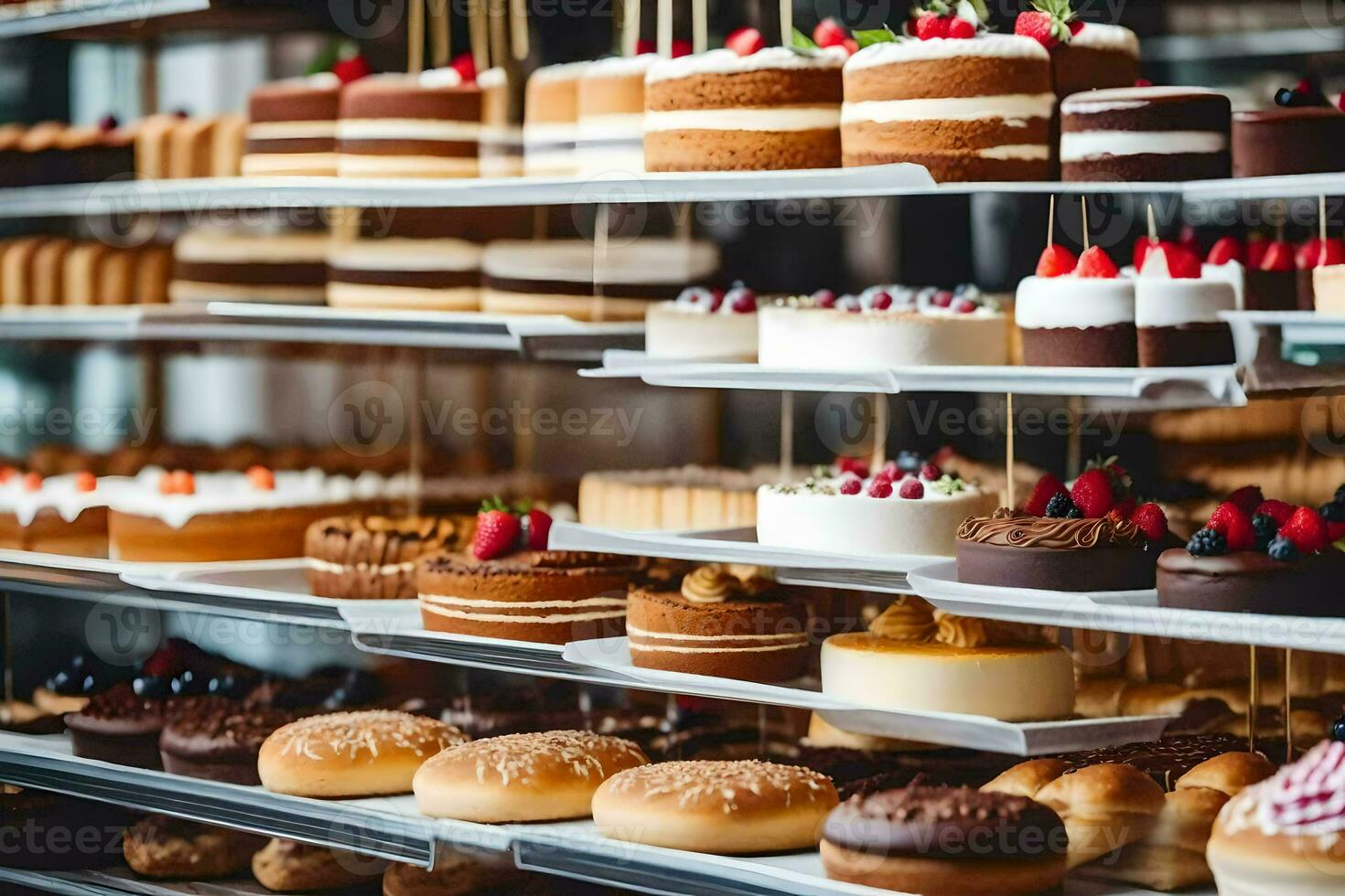 veel verschillend types van cakes zijn Aan Scherm in een bakkerij. ai-gegenereerd foto