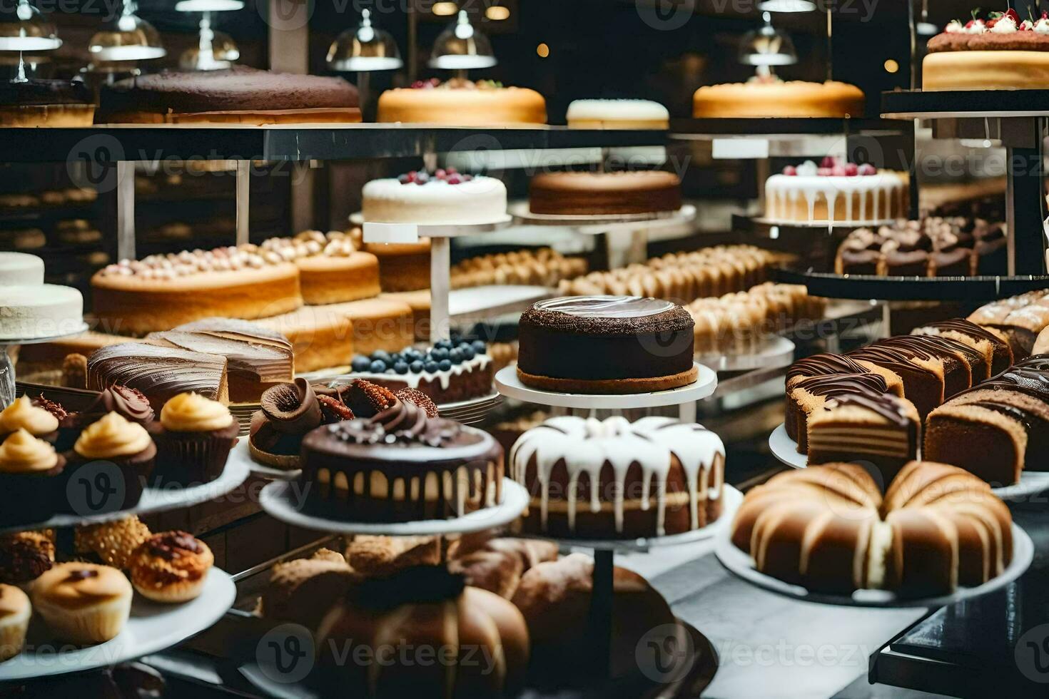 veel verschillend types van cakes zijn Aan Scherm in een bakkerij. ai-gegenereerd foto