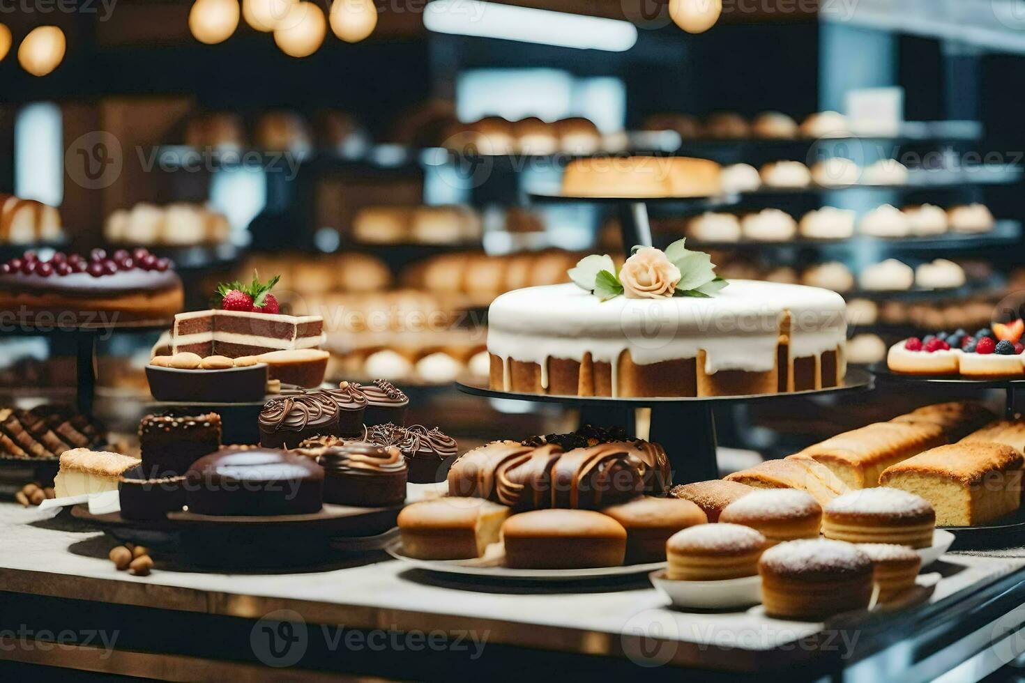 een bakkerij Scherm met cakes en gebakjes. ai-gegenereerd foto