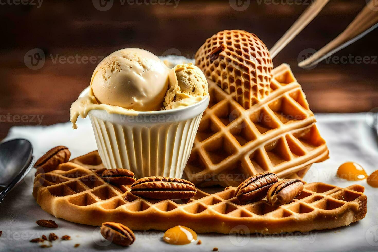 ijs room in wafel met pecannoten Aan een houten tafel. ai-gegenereerd foto