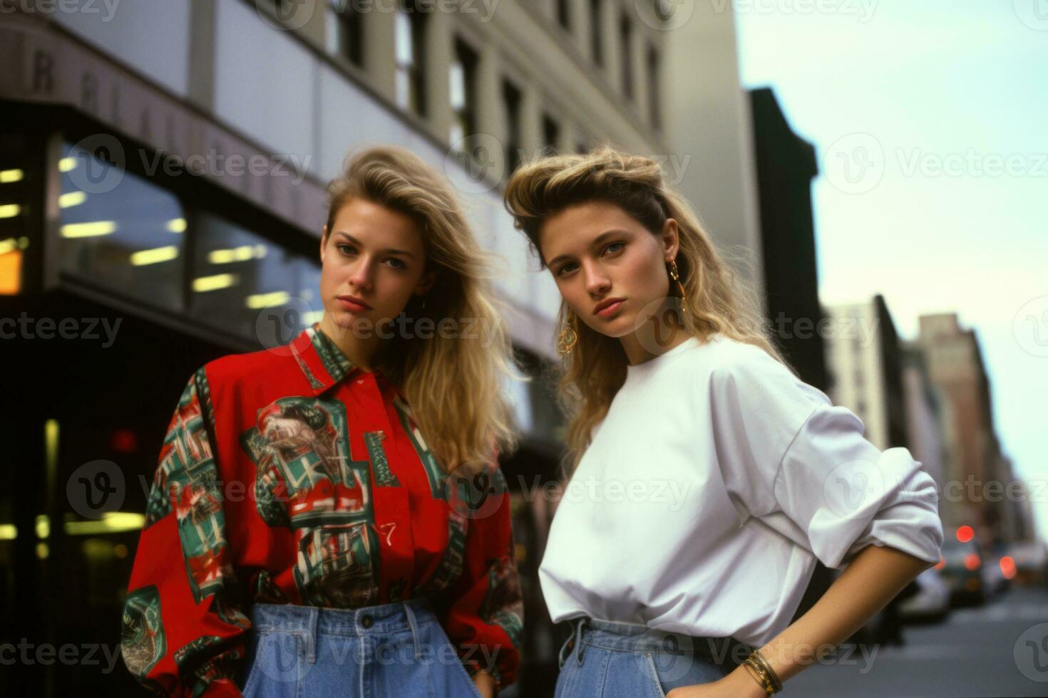 90s herinneringen. 90s straat stijl twee modieus meisjes bezitten de tijdperk iconisch mode trends. ai generatief foto
