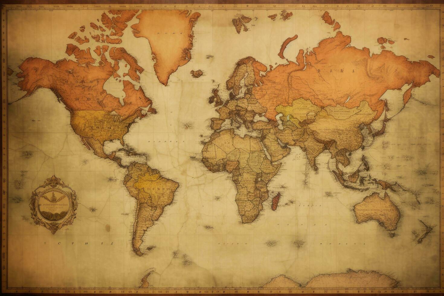oud kaart van de wereld Aan oud wijnoogst papier met grunge textuur, oud antiek wereld kaart Aan Mercatoren projectie, ai gegenereerd foto