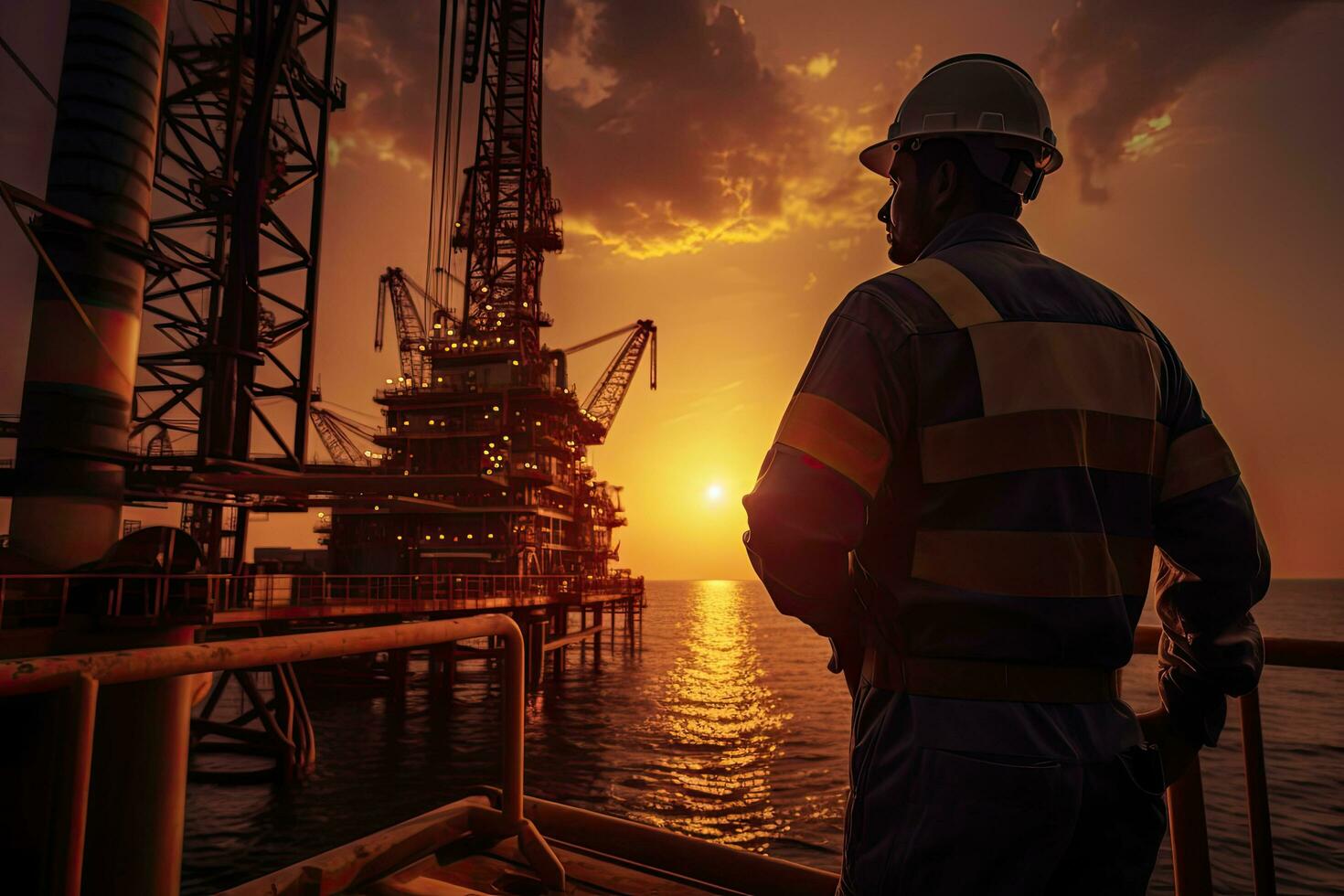 olie en gas- industrie arbeider werken aan land bouw platform Bij zonsondergang, olie tuigage arbeider Bij zonsondergang, ai gegenereerd foto
