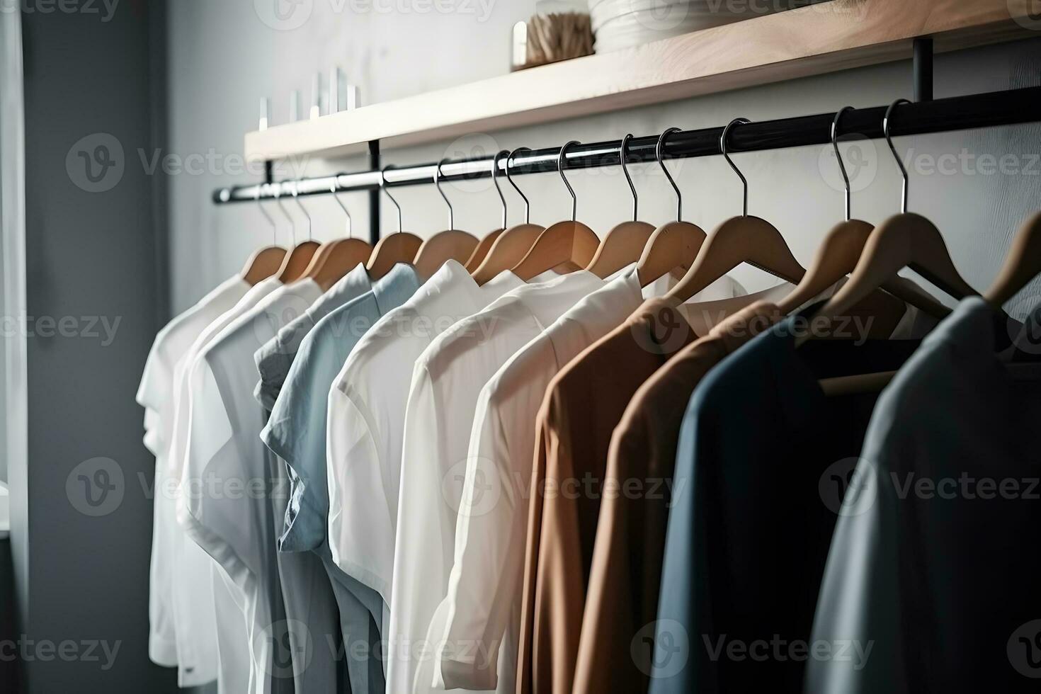 schoon kleren Aan hangers in de wasserij kamer. neurale netwerk ai gegenereerd foto