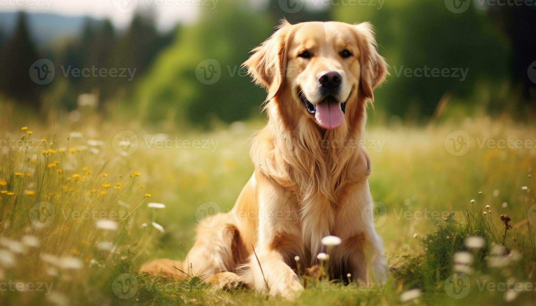 gouden retriever hond zittend in de gras Bij zonsondergang ai gegenereerd foto