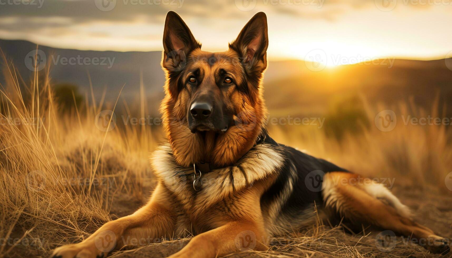 gouden retriever hond houdende in gras Bij zonsondergang ai gegenereerd foto