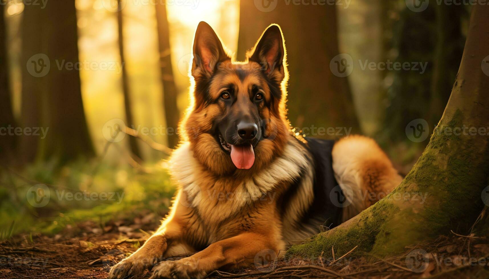 Duitse herder hond houdende in de gras Bij zonsondergang ai gegenereerd foto