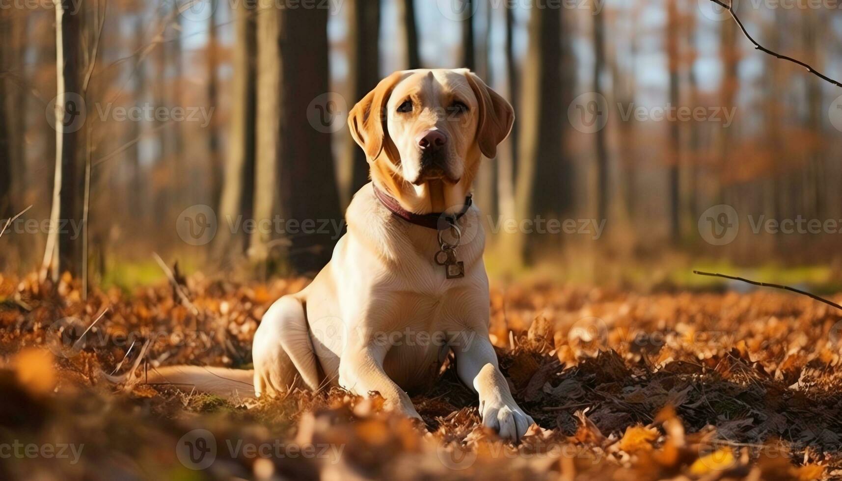 een geel laboratorium hond houdende in de gras ai gegenereerd foto