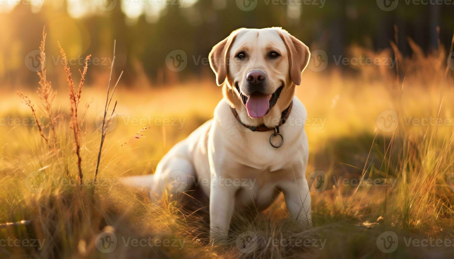 een geel laboratorium hond houdende in de gras ai gegenereerd foto