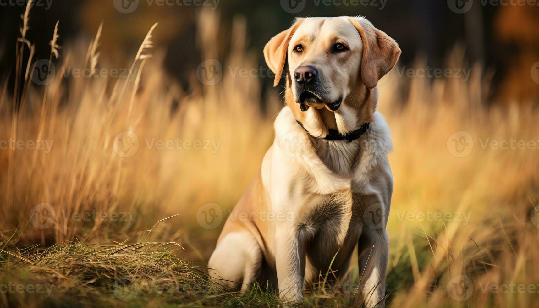 een hond is zittend in de gras Bij zonsondergang ai gegenereerd foto