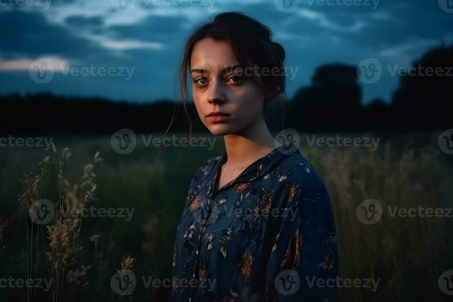 portret van een mooi meisje in de avond in de veld. neurale netwerk ai gegenereerd foto