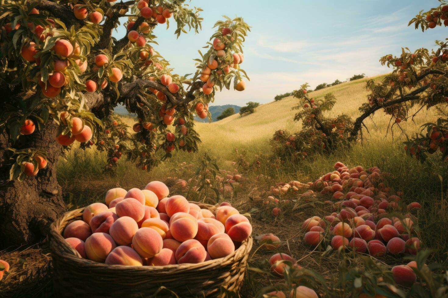 oogst van rijp perziken in een mand Aan de achtergrond van de perzik boom, perziken in de boerderij veld, ai gegenereerd foto