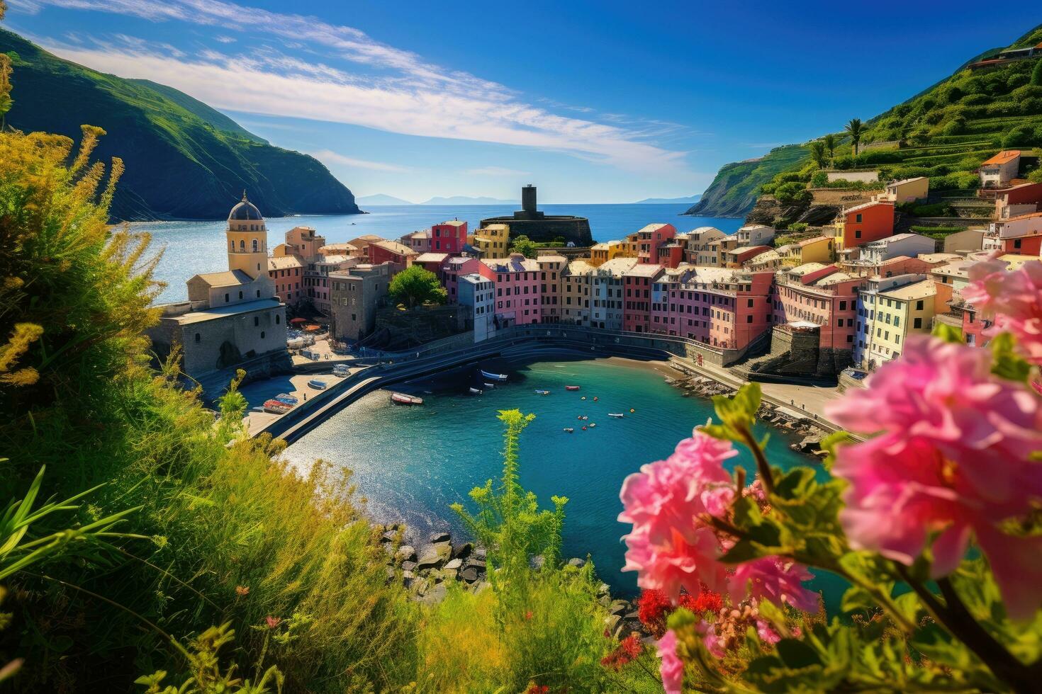 panoramisch visie van vernazza in cinque terrein, Italië, panorama van vernazza en geschorst tuin, cinque terre nationaal park, ligurië, Italië, Europa, ai gegenereerd foto