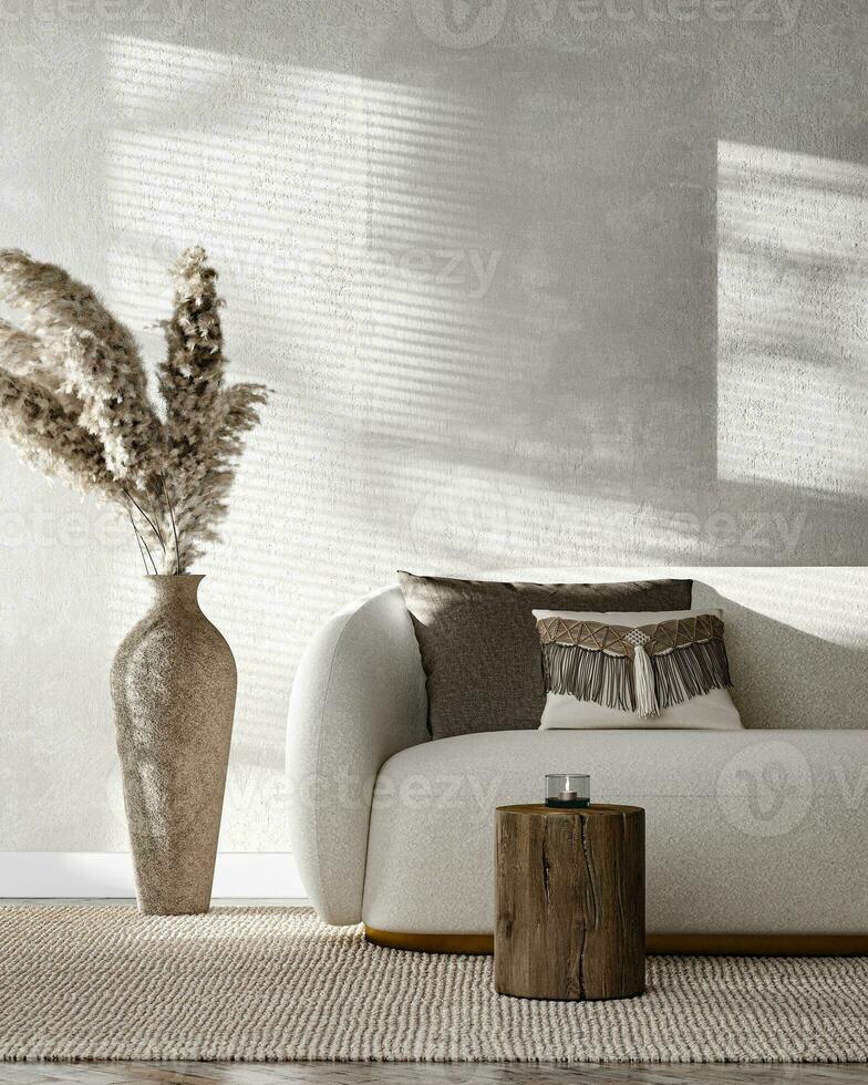 boho beige huiskamer met bank, droog palm bladeren en grijs muur achtergrond. licht modern Japans natuur visie met zon. 3d renderen bespotten omhoog. hoog kwaliteit 3d illustratie foto