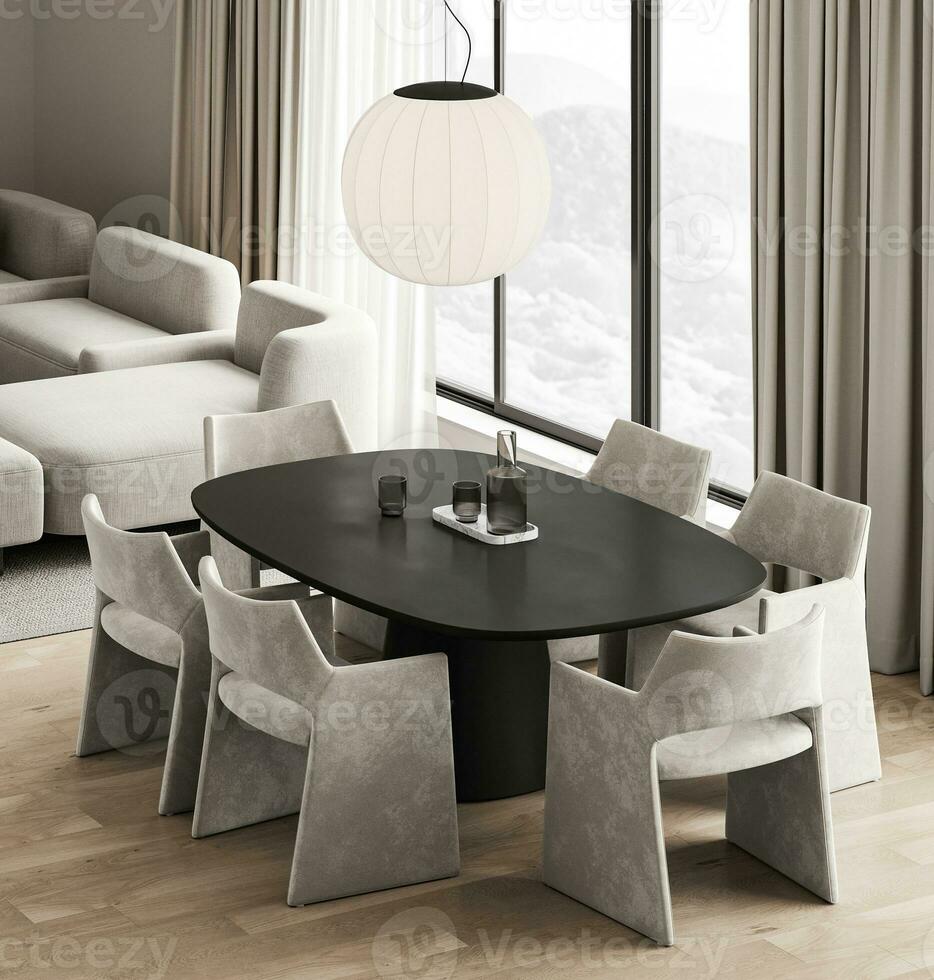 modern natuur stijl huiskamer interieur ontwerp met dining tafel en panoramisch venster achtergrond. 3d weergave. hoog kwaliteit 3d illustratie foto