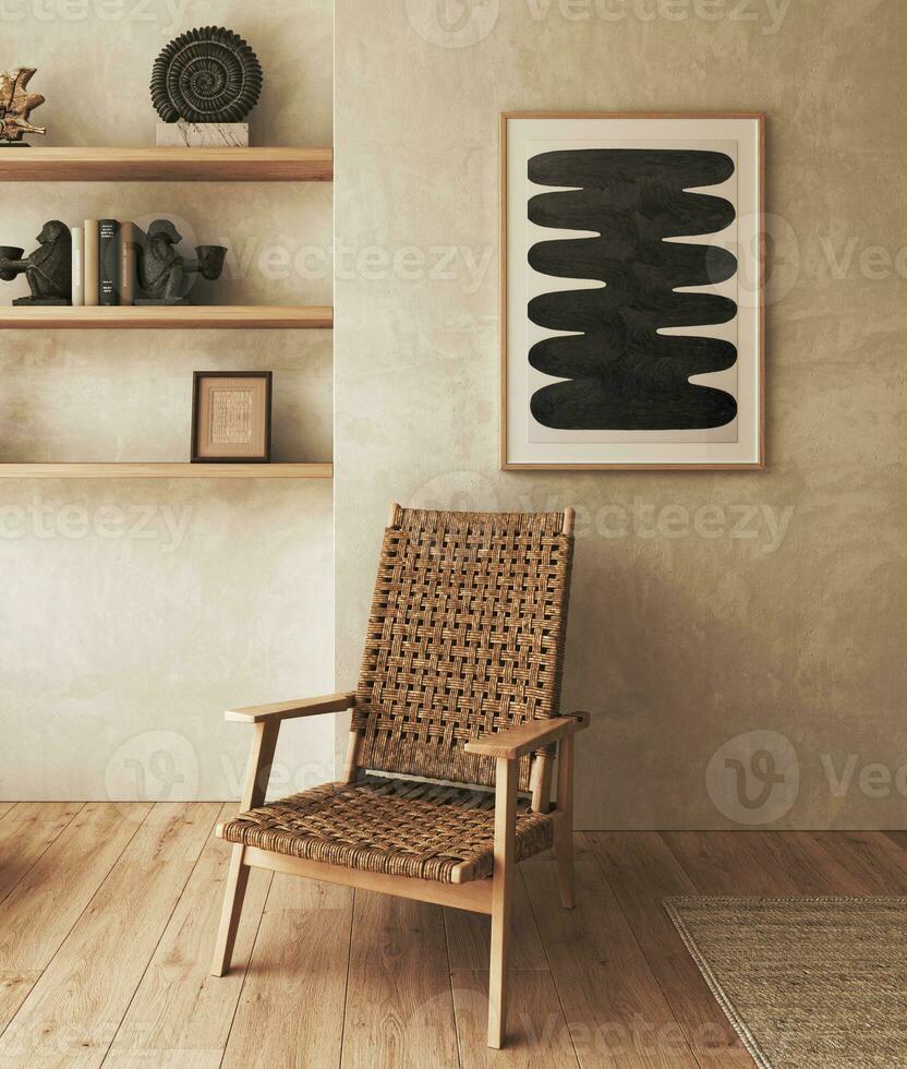 boho beige huiskamer met fauteuil en 1 afbeelding kader achtergrond. licht modern boerderij natuur interieur. 3d weergave. hoog kwaliteit 3d illustratie foto