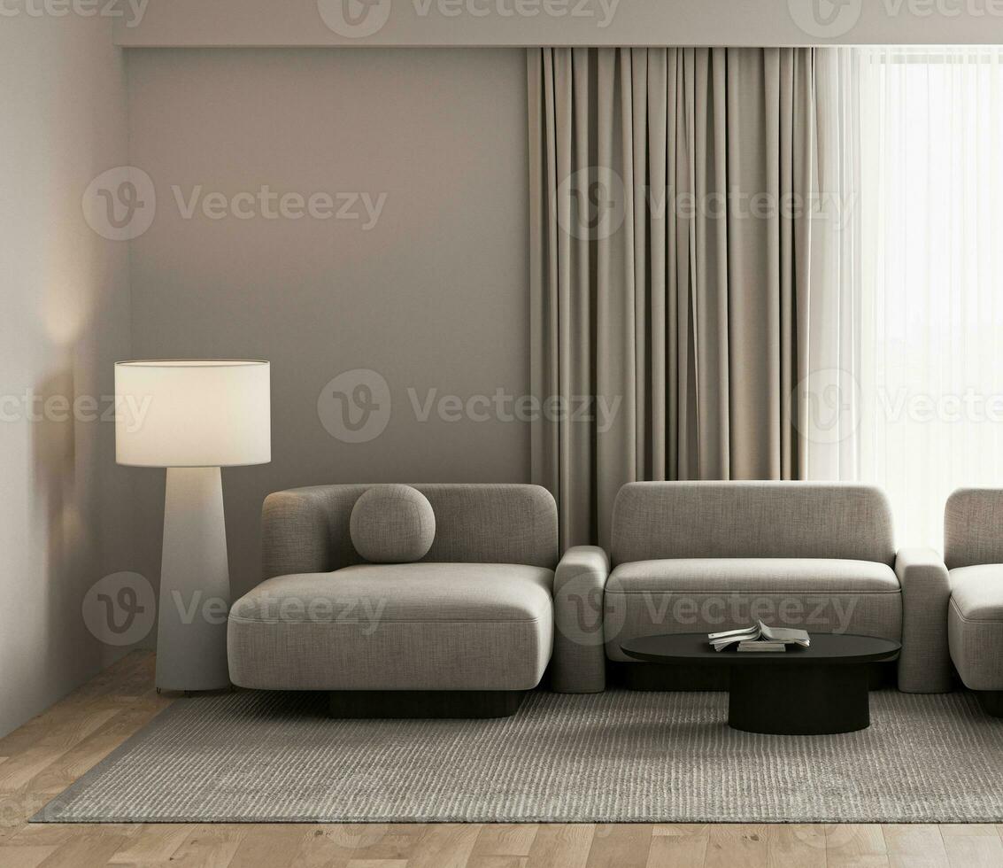 minimaal neutrale stijl huiskamer interieur ontwerp met monochroom sofa en panoramisch venster achtergrond. 3d weergave. hoog kwaliteit 3d illustratie foto