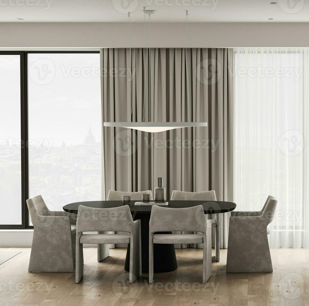 modern natuur stijl huiskamer interieur ontwerp met dining tafel en panoramisch venster achtergrond. 3d weergave. hoog kwaliteit 3d illustratie foto
