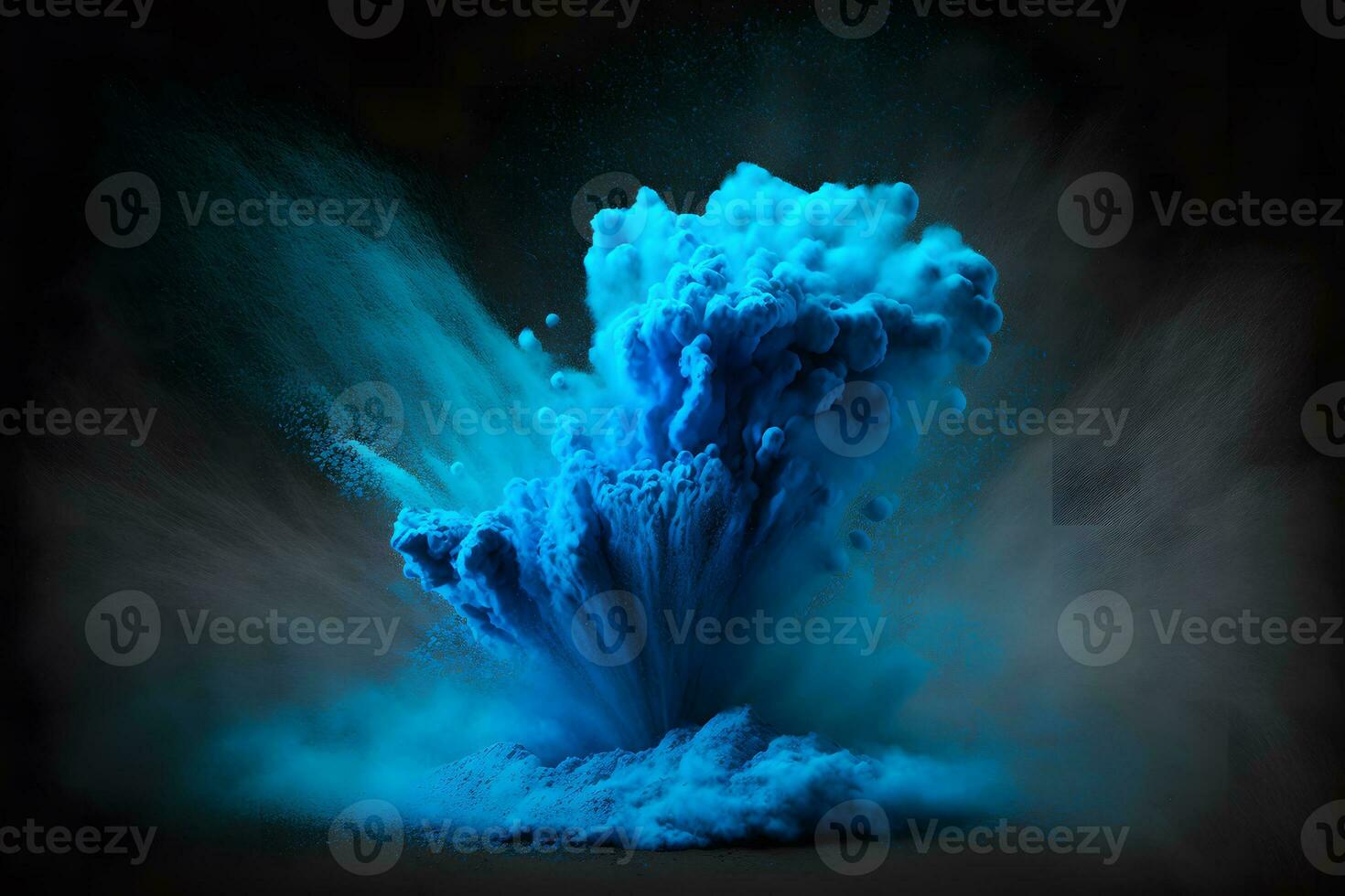 explosie van blauw kleur verf poeder Aan zwart achtergrond. neurale netwerk gegenereerd kunst foto