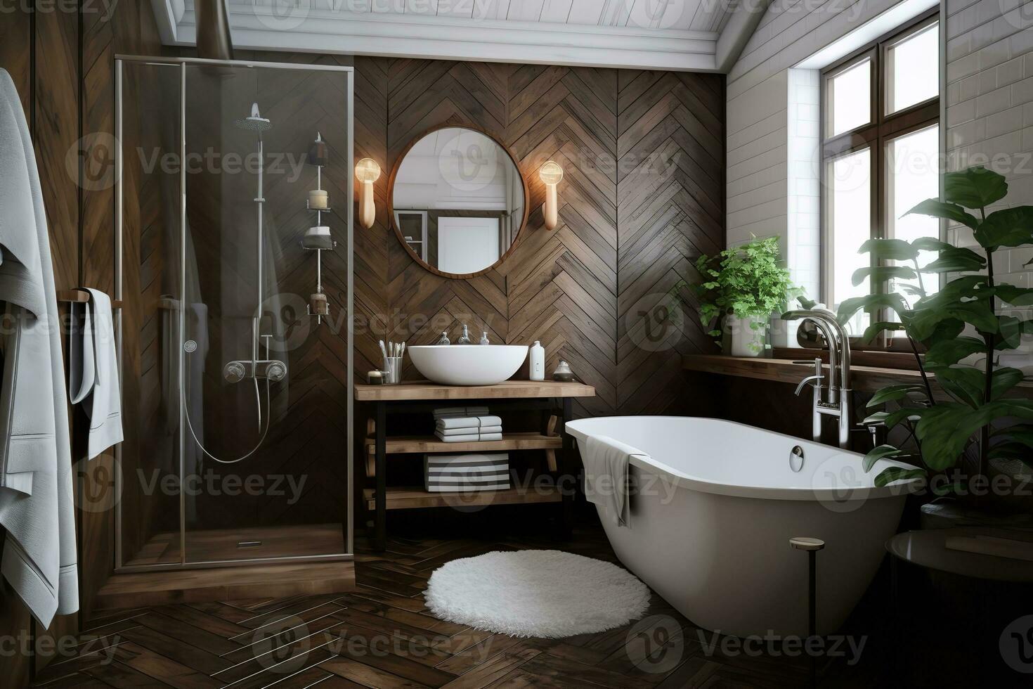 elegant badkamer met visgraat patroon tegel muren, een vrijstaand wit bad, en dubbele zwart zinkt Aan een zwart drijvend trots. de badkamer heeft wit tegel vloeren en een groot venster foto
