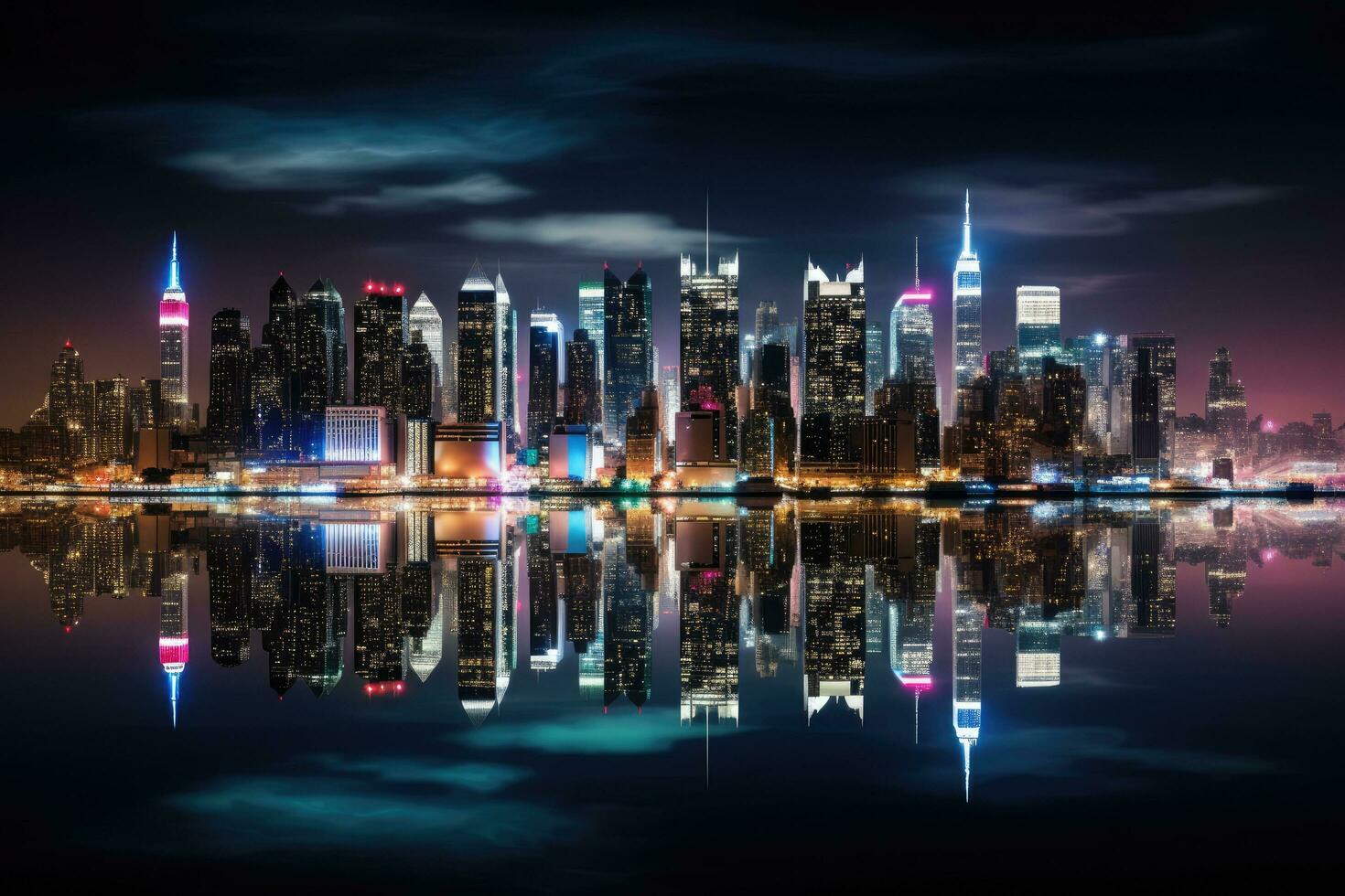 nacht tafereel van Shanghai horizon met reflectie in huangpu rivier, panoramisch visie Aan Manhattan Bij nacht, nieuw york, Verenigde Staten van Amerika, ai gegenereerd foto