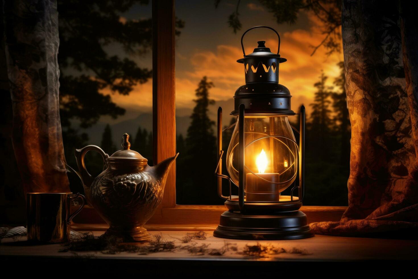 lantaarn met brandend kaars Aan de venster dorpel in de Woud Bij zonsondergang, afbeelding een boeiend tafereel met een orkaan lamp, ai gegenereerd foto