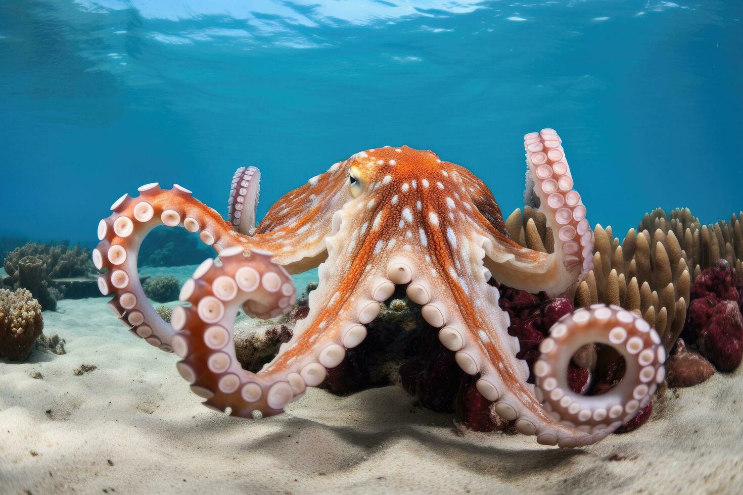 Octopus in de rood zee. Egypte, sharm el sjeik, Octopus zwemmen Aan de zanderig bodem van een tropisch koraal rif, ai gegenereerd foto