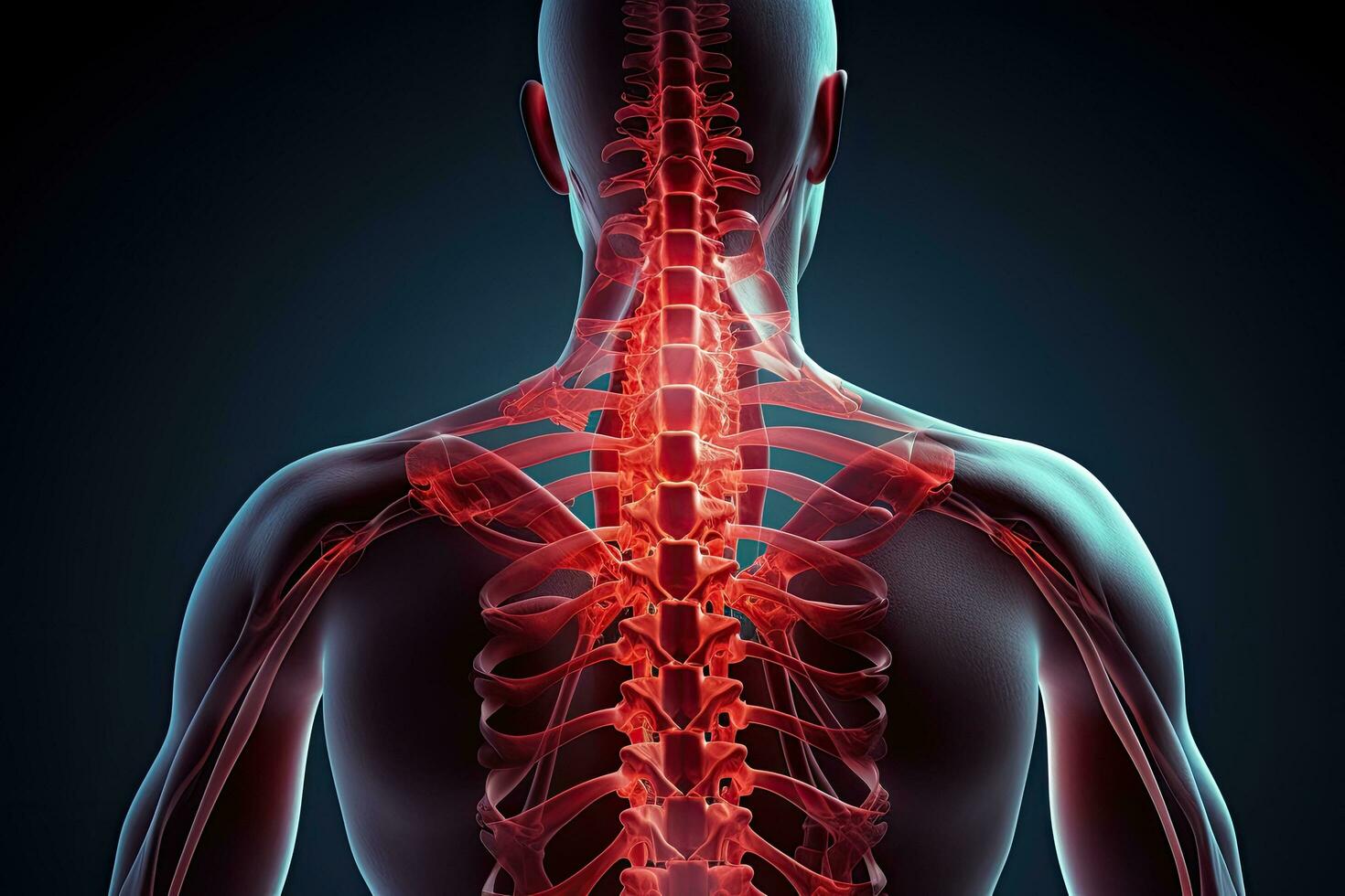 menselijk skelet anatomie - zichtbaar botten. 3d weergegeven medisch illustratie, mannetje pijn doen ruggegraat wervels pijn, 3d, ai gegenereerd foto