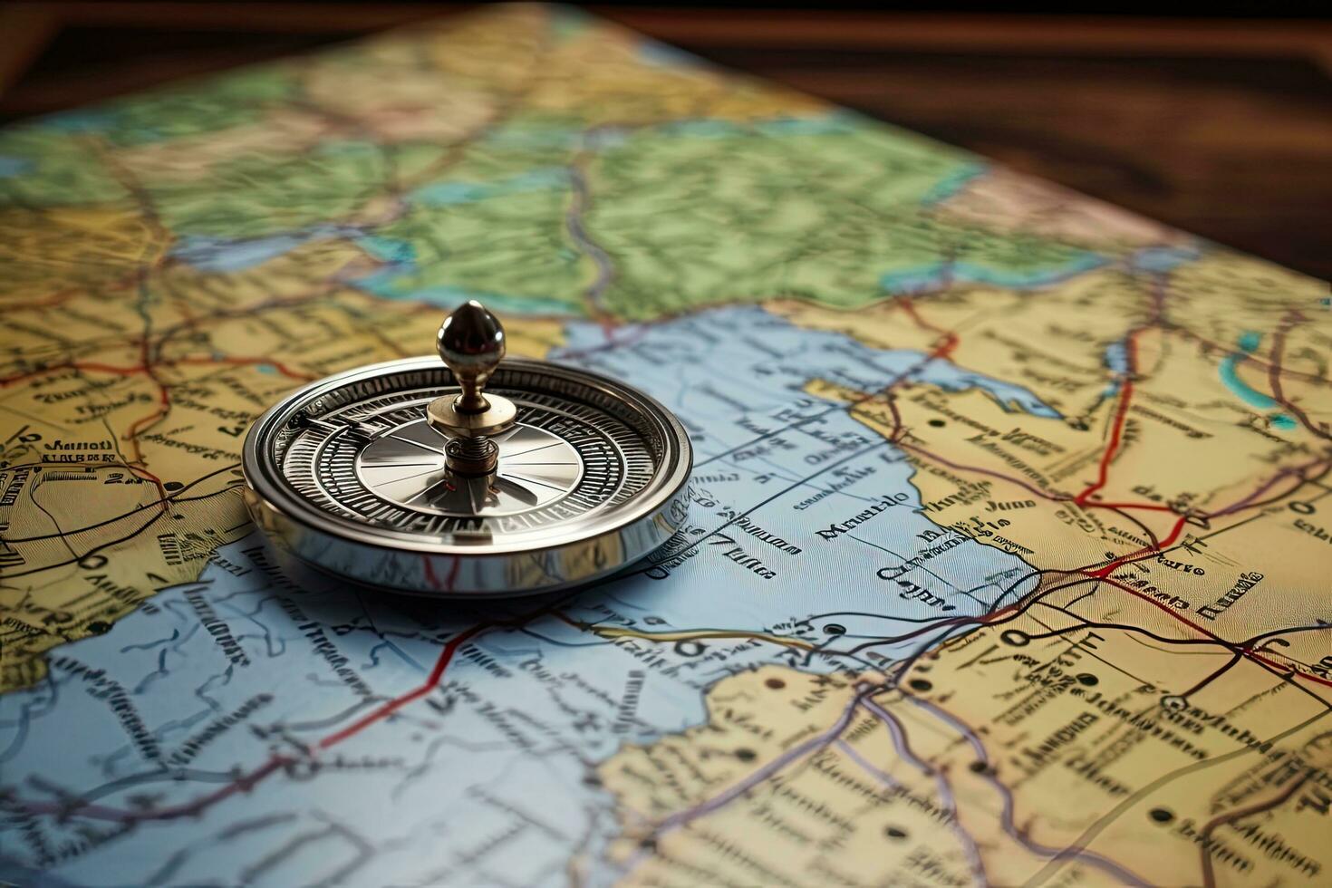 kompas Aan een kaart van de wereld. selectief focus, magnetisch kompas en plaats markering met een pin Aan routes Aan wereld kaart, ai gegenereerd foto