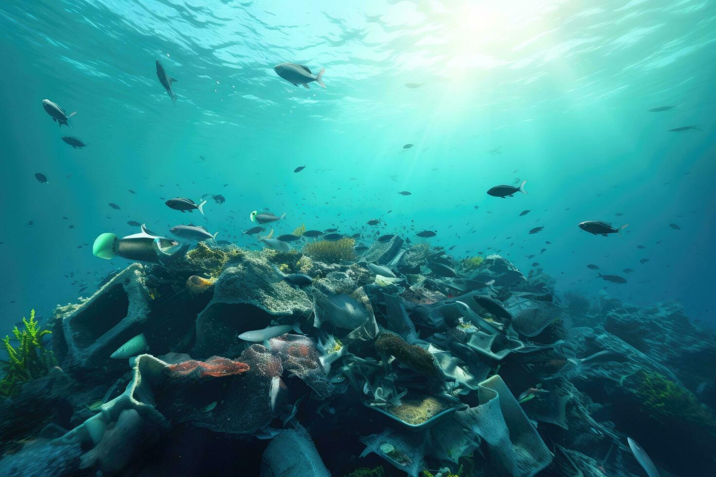 onderwater- visie van een groot bedrag van uitschot in de oceaan, onderwater- visie van een stapel van vuilnis in de oceaan. 3d weergave, ai gegenereerd foto