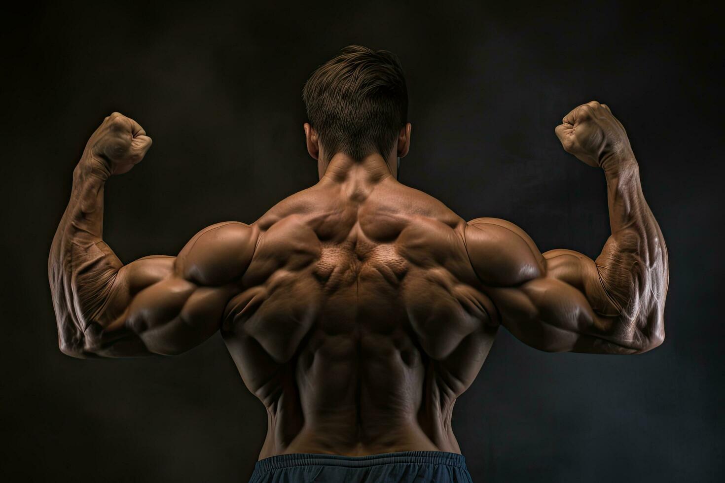 bodybuilder buigen zijn spieren over- zwart achtergrond. terug visie, achterzijde visie van een gespierd jong Mens met armen uitgerekt uit, gedetailleerd spieren, ai gegenereerd foto