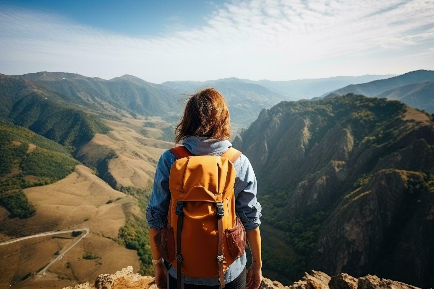 wandelaar vrouw met rugzak staand Aan top van een berg en op zoek Bij de vallei, achterzijde visie van een vrouw wandelaar met een rugzak genieten van verbazingwekkend vallei landschappen Aan de top van berg, ai gegenereerd foto