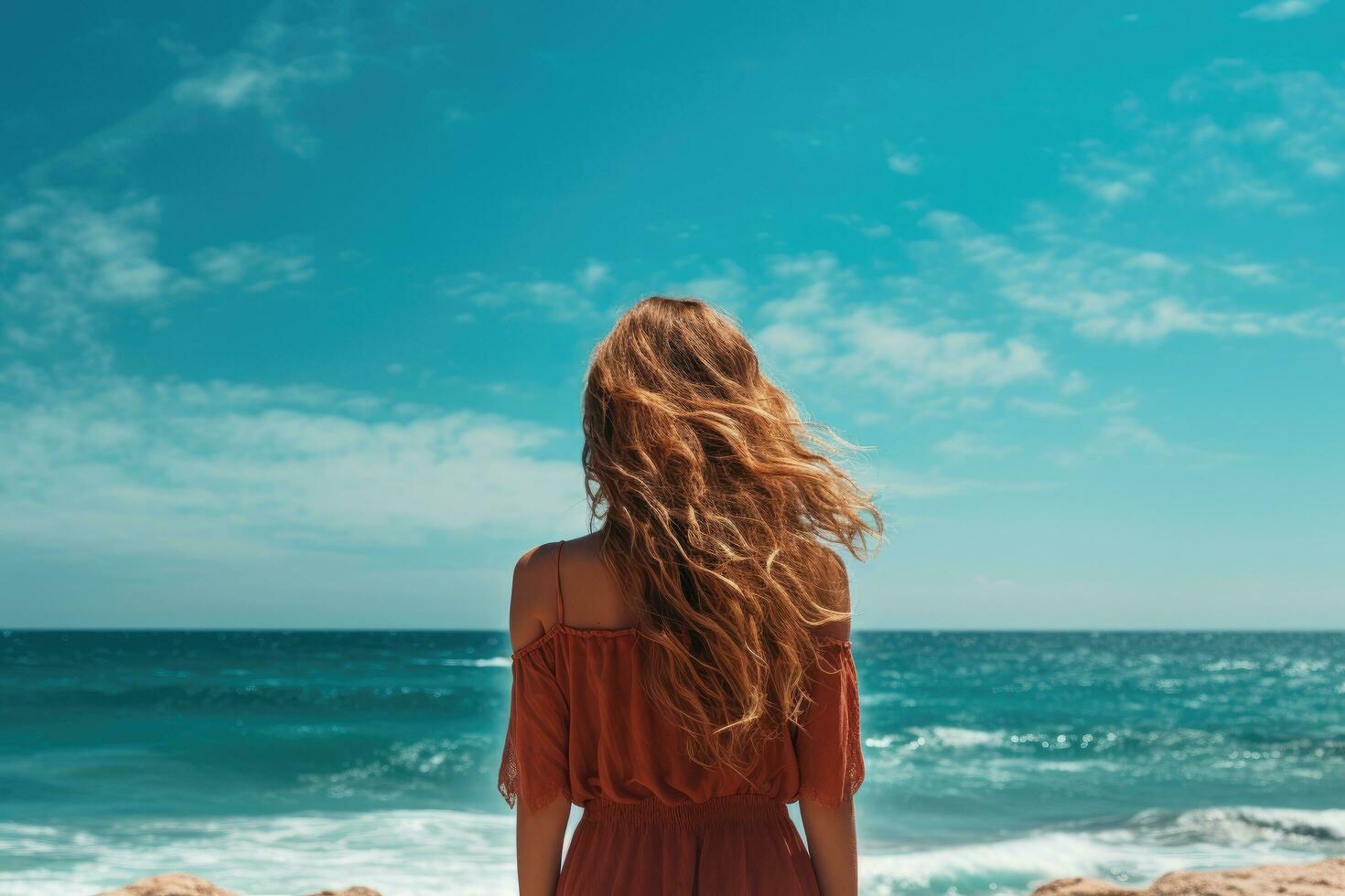 terug visie van jong vrouw in rood jurk op zoek Bij de zee, achterzijde visie van een vrouw genieten van de visie Bij de strand of oceaan, ai gegenereerd foto