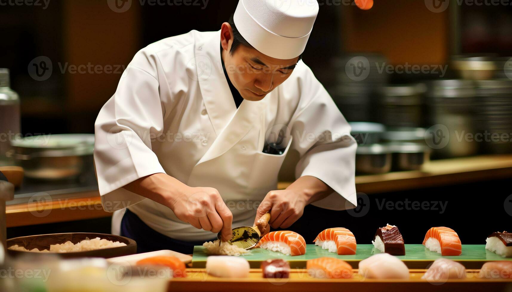 een chef is voorbereidingen treffen sushi Aan een snijdend bord ai gegenereerd foto
