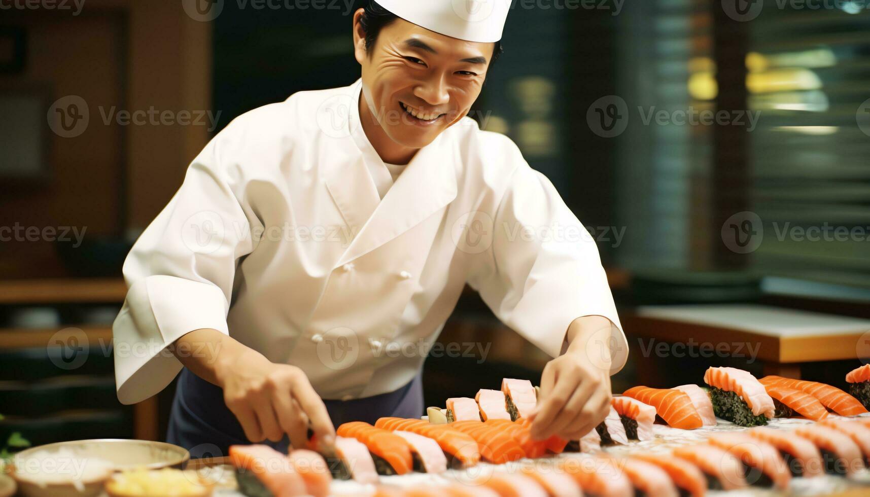 een chef is voorbereidingen treffen sushi Aan een snijdend bord ai gegenereerd foto