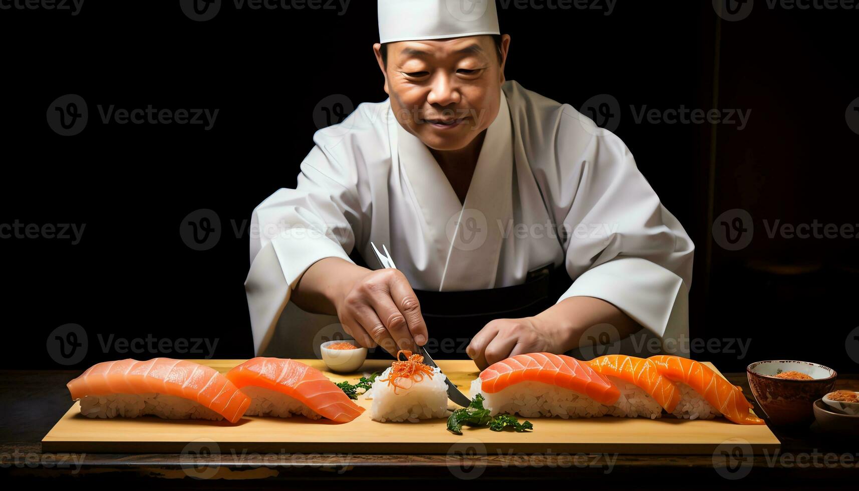 een chef is voorbereidingen treffen sushi Aan een snijdend bord ai gegenereerd foto