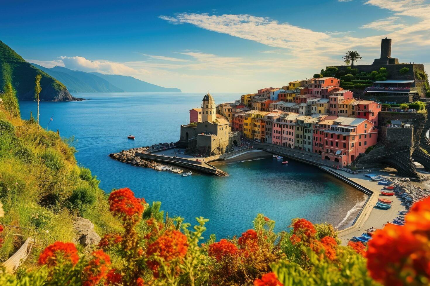 visie van vernazza dorp in cinque terrein, Italië, panorama van vernazza en geschorst tuin, cinque terre nationaal park, ligurië, Italië, Europa, ai gegenereerd foto