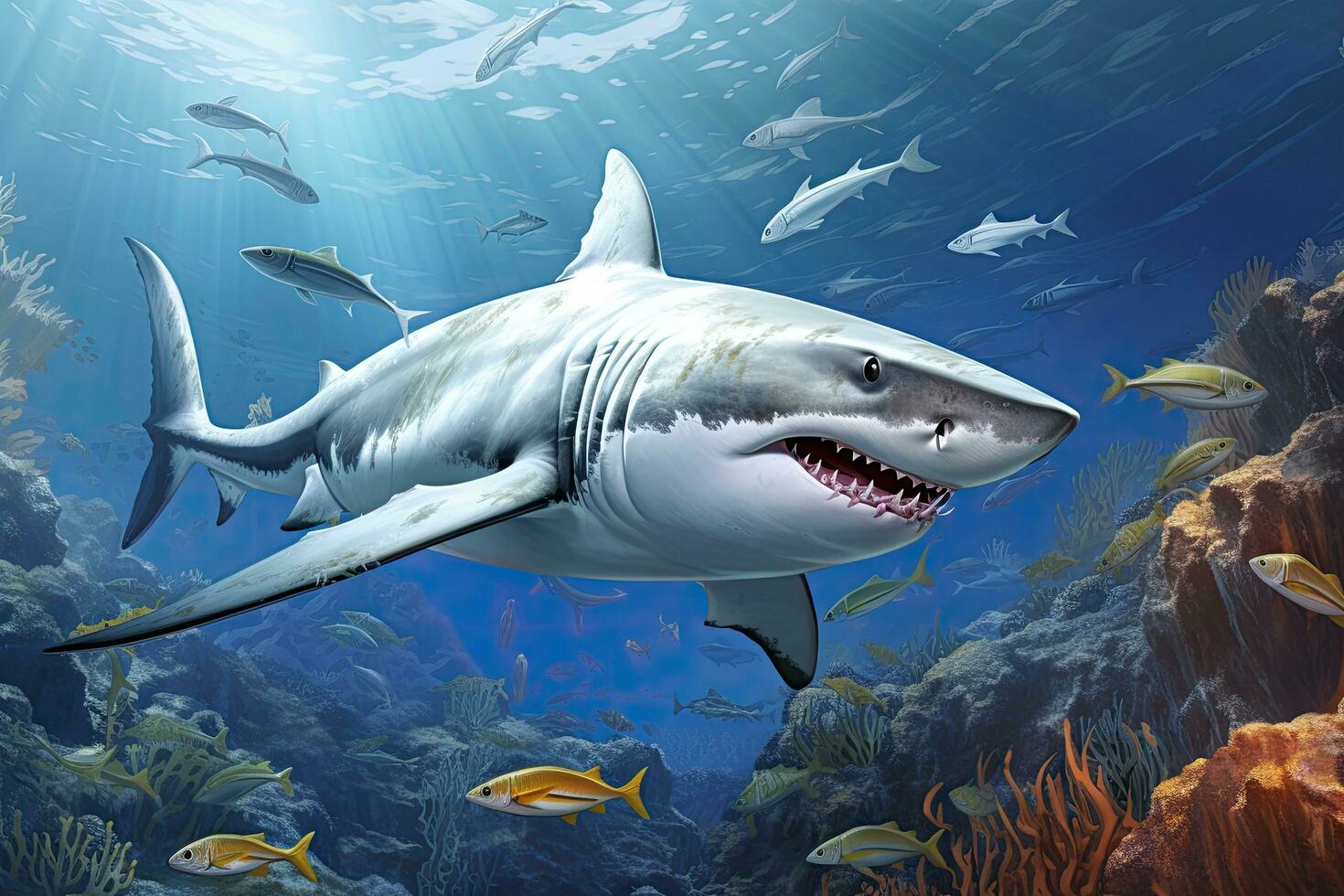 Super goed wit haai zwemmen in de diep blauw oceaan. 3d weergave, Super goed wit haaien jacht- in verschillend standen Aan een wit achtergrond, vol lichaam visie, ai gegenereerd foto