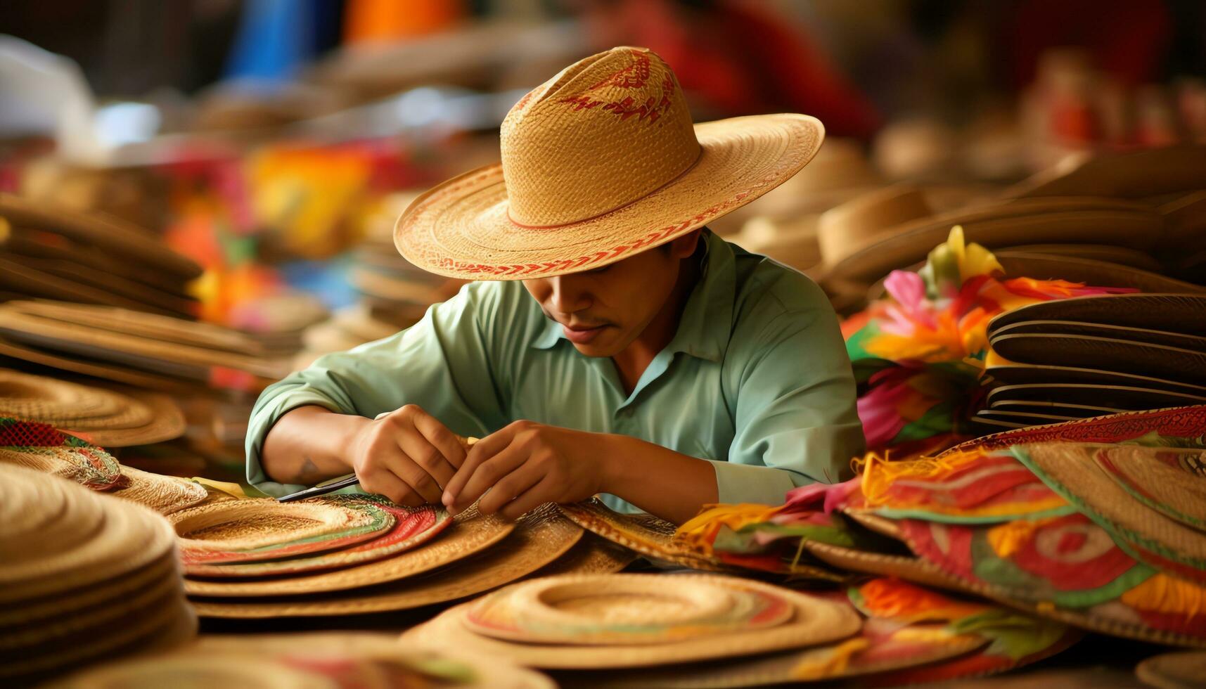 een Mens in een hoed werken Aan een hoed ai gegenereerd foto
