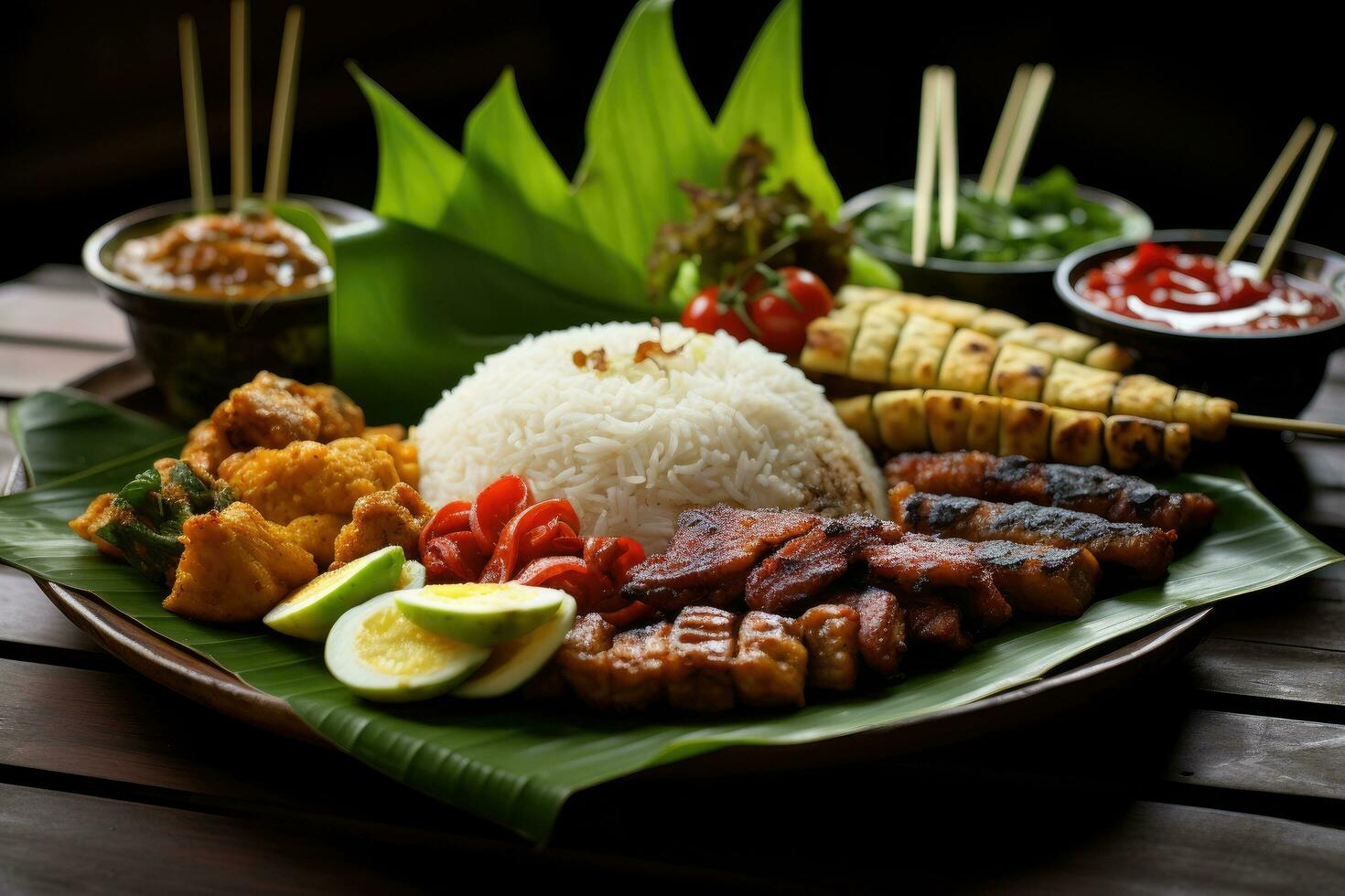 rijst- met gegrild varkensvlees en groenten Aan houten tafel, Thais voedsel, Indonesisch traditioneel Bali voedsel. Indonesië, ai gegenereerd foto