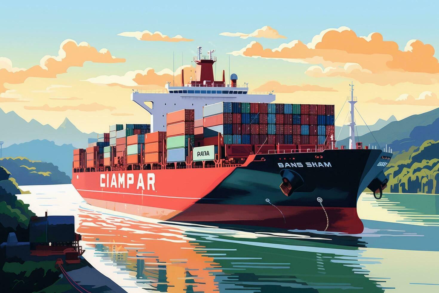 lading schip in de zee. vracht vervoer. vector illustratie, illustratie van een houder schip voorbijgaan door de Panama kanaal, ai gegenereerd foto