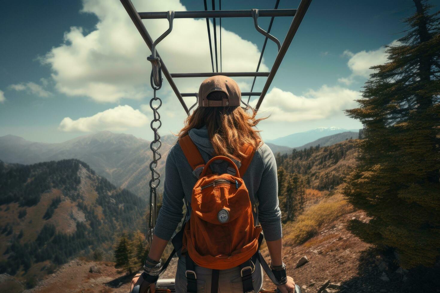 een jong vrouw met een rugzak Aan de top van een berg, wandelaar vrouw rijden een trolley tokkelbaan Aan de berg, achterzijde visie, Nee zichtbaar gezichten, ai gegenereerd foto